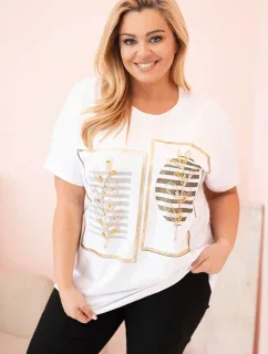 Dámská bavlněná halenka Plus Size s kamínky bílá + khaki