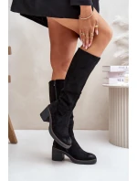 Zateplené kozačky na podpatku eko semišové nad koleno černé Leamirael