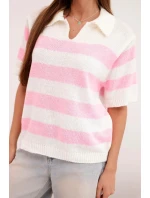Dámský pruhovaný svetr s límcem a krátkým rukávem ecru