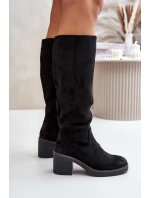 Zateplené kozačky na podpatku eko semišové nad koleno černé Leamirael