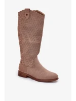 Dámské kozačky na nízkém podpatku s perforovaným vzorem S.Barski – béžové, eko kůže