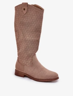 Dámské kozačky na nízkém podpatku s perforovaným vzorem S.Barski – béžové, eko kůže