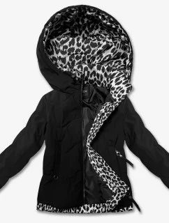 Krátká černá dámská volná bunda s panteřím motivem Miss TiTi (25899)