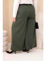 Dámské kalhoty Plus Size viskózové s širokou nohavicí a páskem khaki