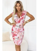 379-6 BOYKA Přiléhavé midi šaty s obálkovým výstřihem - bílé s růžovými květy