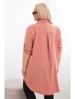 Dámská košilová šaty Plus Size s delším zadním dílem a ohrnovacími rukávy tmavě pudrově růžová