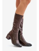 Zateplené kozačky na podpatku z eko kůže do poloviny lýtek hnědé Ellithira