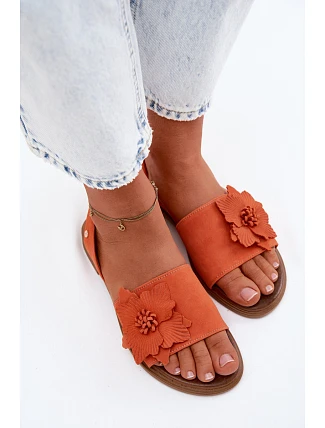 Kožené semišové sandály na plochém podpatku s ozdobným květem Zazoo 407471 Oranžové