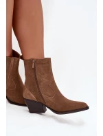 Dámské zateplené kotníkové boty kovbojky na podpatku Dylira – camel, zamsz