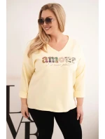 Dámská mikina Plus Size s nápisem a výstřihem do V žlutá
