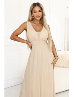 637-4 Dlouhé maxi šaty s brokátovými třpytkami a hlubokým výstřihem - šampaňsko-béžové