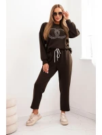 Dámská souprava z viskózy s ozdobným motivem a kalhotami hnědý