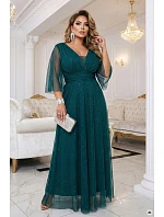 654-1 Dlouhé lesklé plus size šaty s výstřihem a průhlednými rukávy - lahvově zelené 654-1 Dlouhé lesklé plus size šaty s výstřihem a průhlednými rukávy - lahvově zelené