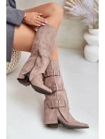 Kozačky Na Podpatku S Otočeným Svrškem A Přezkami Béžové Vamissa