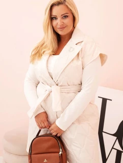 Dámská vesta Plus Size prošívaná s páskem a límcem světlá béžová
