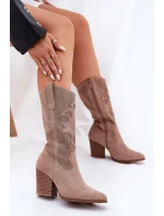 Děrované Kozačky Kovbojské Na Podpatku Béžové S.Barski HY51-606