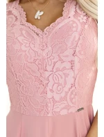 309-13 AMBER elegantní dlouhé krajkové šaty s výstřihem - pudrově růžové