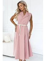 596-6 Elegantní midi košile se zlatými knoflíky a páskem – pudrově růžová