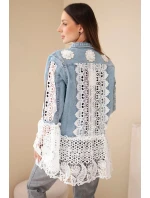 Dámská džínová bunda z bavlny a květinovou krajkou světle džínová