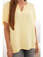 Dámská bavlněná mušelínová oversize halenka s výstřihem do V a krajkou žlutá