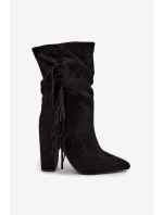 Zateplené dámské kotníkové boty na sloupkovém podpatku s třásněmi a řasením Darlina – černé