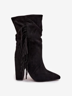 Zateplené dámské kotníkové boty na sloupkovém podpatku s třásněmi a řasením Darlina – černé
