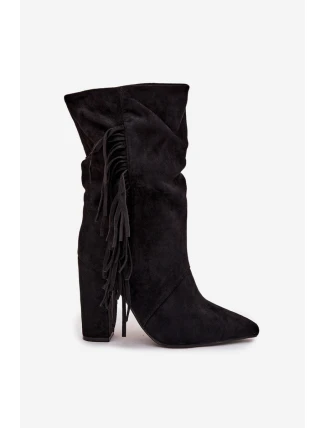 Zateplené dámské kotníkové boty na sloupkovém podpatku s třásněmi a řasením Darlina – černé