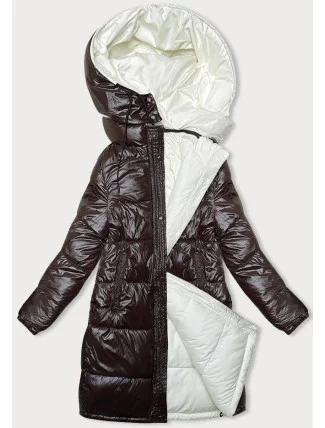 Hnědo-ecru hrubší oboustranná dámská zimní bunda (V768g)