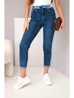 Dámské džíny Mom Fit s vysokým pasem a kontrastním páskem tmavě džínsová