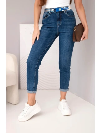 Dámské džíny Mom Fit s vysokým pasem a kontrastním páskem tmavě džínsová