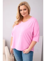 Dámská bavlněná oversize halenka Plus Size s výstřihem do V světle růžová