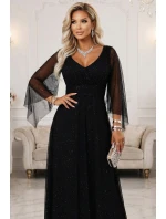 655-1 Dlouhé lehké třpytivé šaty s výstřihem a průhlednými rukávy - černé 655-1 Dlouhé lehké třpytivé šaty s výstřihem a průhlednými rukávy - černé