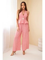 Dámský viskózový komplet vázaný top a kalhoty se širokou nohavicí tmavý pudrový růž