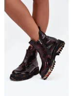 Lakované Dámské Botky Artiker – Bordové, zateplené, přírodní kůže