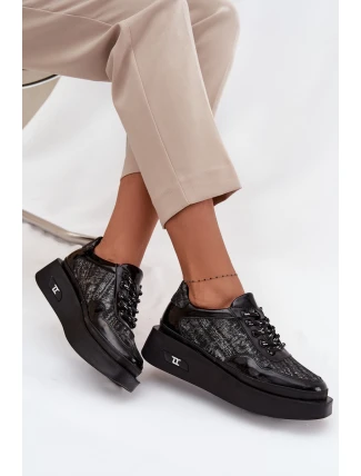 Dámské kožené šněrovací polobotky na platformě Artiker – černo/stříbrné