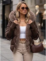 Dámská zimní prošívaná bunda s kožešinou, hnědá, FashionStreet TY5989 Dámská zimní prošívaná bunda s kožešinou, hnědá, FashionStreet TY5989
