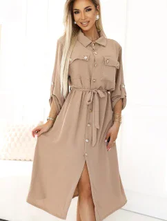 531-3 Midi sukně se zlatými knoflíky a vázáním - MOCHA MOUSSE