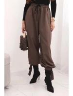 Dámské kalhoty s širokým nohavicím a zavazováním dole mocca