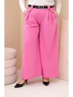 Dámské kalhoty Plus Size viskózové s širokým nohavicí a páskem růžové