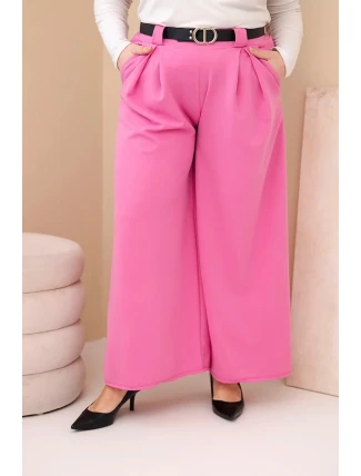 Dámské kalhoty Plus Size viskózové s širokým nohavicí a páskem růžové