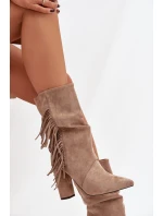 Zateplené dámské kotníkové boty na sloupkovém podpatku s třásněmi a řasením Darlina – béžové