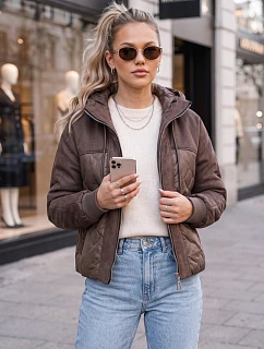 Dámská prošívaná přechodová bunda s kapucí, hnědá, FashionStreet TY6092