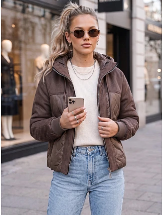 Dámská prošívaná přechodová bunda s kapucí, hnědá, FashionStreet TY6092