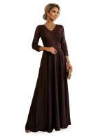 309-14 AMBER elegantní dlouhé krajkové šaty s výstřihem - čokoládové