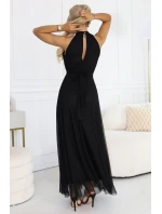 662-2 Elegantní maxi večerní šaty na ramínka s tylem a zavazováním v pase - černé