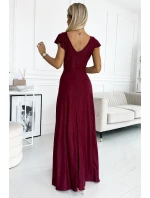 411-8 CRYSTAL třpytivé dlouhé šaty s výstřihem - Bordeaux