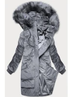 Šedá dámská manšestrová zimní bunda s kapucí (7764)