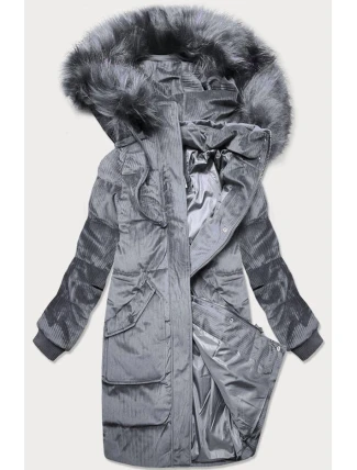 Šedá dámská manšestrová zimní bunda s kapucí (7764)