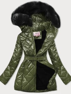 Lesklá zimní bunda v khaki barvě s mechovitou kožešinovou podšívkou (w756)