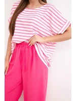 Dámský komplet z viskózy s pruhovanou blůzou a širokými kalhotami s gumou fuchsie